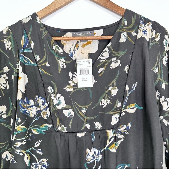 A Pea in The Pod Black Floral Popover Blouse Career Office Casual Size M NWT - Picture 2 of 8